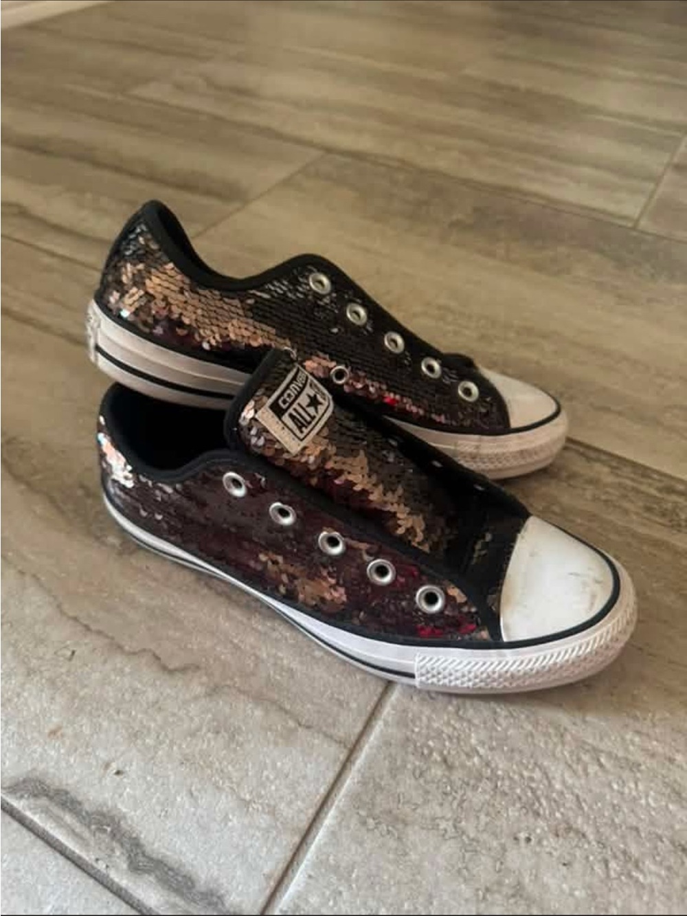 Converse Low Top Sequin Sneakers in Black and Gold